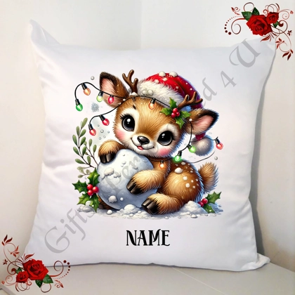 Personalised White 18" Cushion - Name - Cute Reindeer - Design 9
