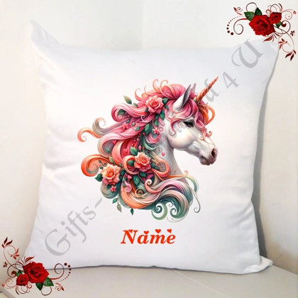 Personalised 18" White Cushion - Unicorn & Hearts - Name - Design 9