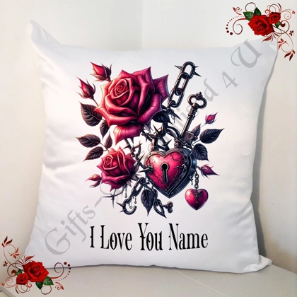 Personalised 18" White Cushion - Valentine's Day - Gothic Roses - Name - Design 9
