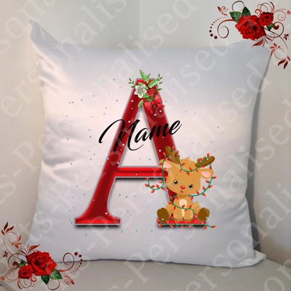 Personalised White 18" Cushion - Christmas - Reindeer - Name - Initial A-Z - Design 1 Personalised White 18" Cushion - Christmas - Reindeer - Name - Initial A-Z - Design 1