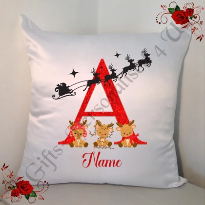 Personalised White 18" Cushion - Christmas - Reindeer - Name - Initial A-Z - Design 4 Personalised White 18" Cushion - Christmas - Reindeer - Name - Initial A-Z - Design 4