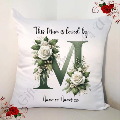 Personalised White 18" Cushion - Mother's Day / Birthday - Loved by - Mum Mummy Mam etc - D.4