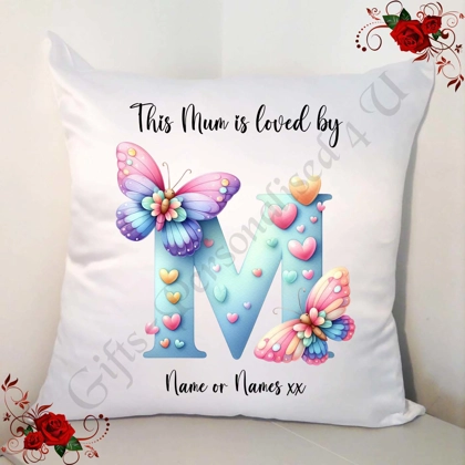 Personalised White 18" Cushion - Mother's Day / Birthday - Loved by - Mum Mummy Mam etc - D.50