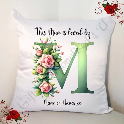 Personalised White 18" Cushion - Mother's Day / Birthday - Loved by - Mum Mummy Mam etc - D.54