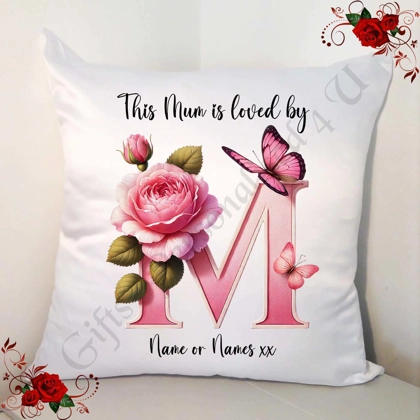 Personalised White 18" Cushion - Mother's Day / Birthday - Loved by - Mum Mummy Mam etc - D.57