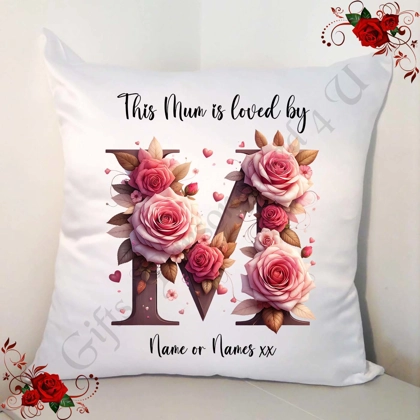 Personalised White 18" Cushion - Mother's Day / Birthday - Loved by - Mum Mummy Mam etc - D.5