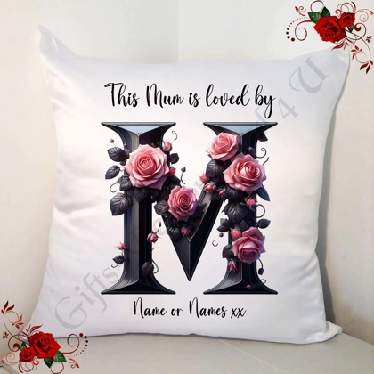 Personalised White 18" Cushion - Mother's Day / Birthday - Loved by - Mum Mummy Mam etc - D.7