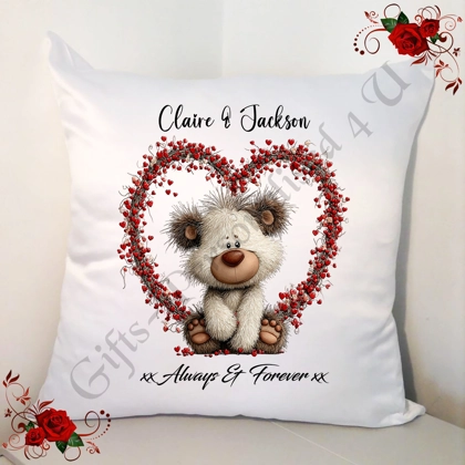 Personalised 18" White Cushion - Valentine's Day / Love - Bear & Hearts - Name - D.10