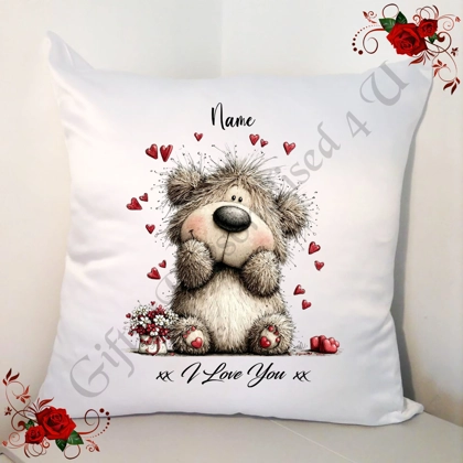 Personalised 18" White Cushion - Valentine's Day / Love - Bear & Hearts - Name - D.11