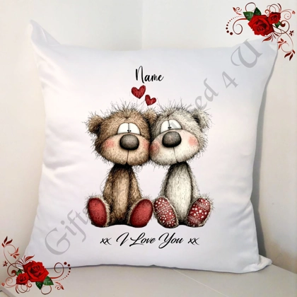 Personalised 18" White Cushion - Valentine's Day / Love - Bear & Hearts - Name - D.12