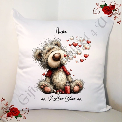 Personalised 18" White Cushion - Valentine's Day / Love - Bear & Hearts - Name - D.13