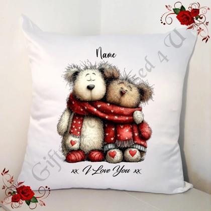 Personalised 18" White Cushion - Valentine's Day / Love - Bear & Hearts - Name - D.14