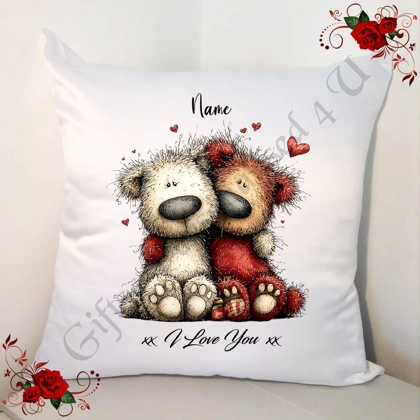 Personalised 18" White Cushion - Valentine's Day / Love - Bear & Hearts - Name - D.15