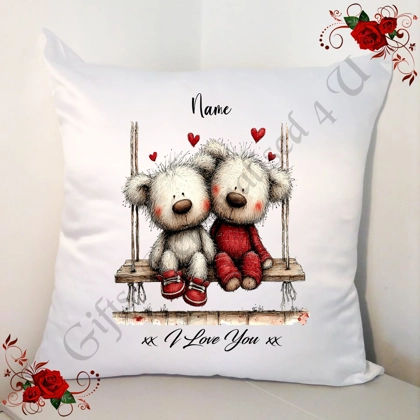 Personalised 18" White Cushion - Valentine's Day / Love - Bear & Hearts - Name - D.16