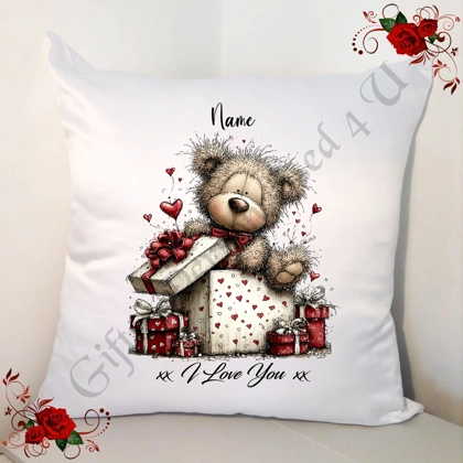 Personalised 18" White Cushion - Valentine's Day / Love - Bear & Hearts - Name - D.17