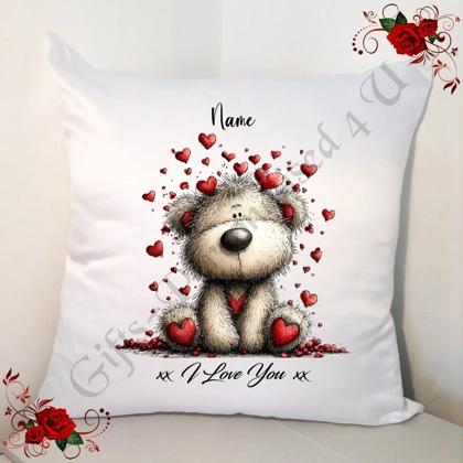 Personalised 18" White Cushion - Valentine's Day / Love - Bear & Hearts - Name - D.18