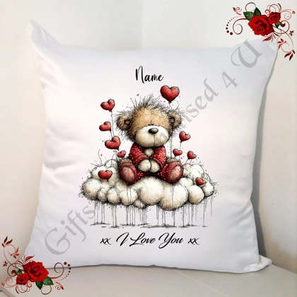 Personalised 18" White Cushion - Valentine's Day / Love - Bear & Hearts - Name - D.19