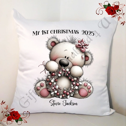 Personalised White 18" Cushion - Bear - My 1st Christmas - Name - D.1
