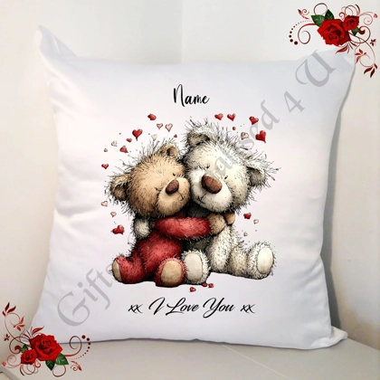 Personalised 18" White Cushion - Valentine's Day / Love - Bear & Hearts - Name - D.20
