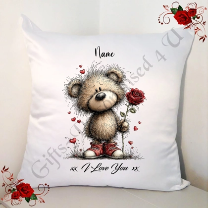 Personalised 18" White Cushion - Valentine's Day / Love - Bear & Hearts - Name - D.21