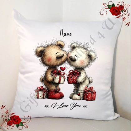 Personalised 18" White Cushion - Valentine's Day / Love - Bear & Hearts - Name - D.22