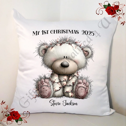 Personalised White 18" Cushion - Bear - My 1st Christmas - Name - D.2