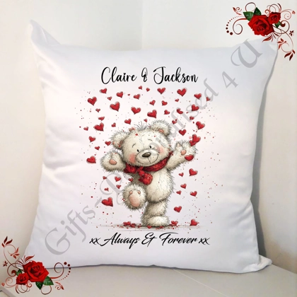 Personalised 18" White Cushion - Valentine's Day / Love - Bear & Hearts - Name - D.2