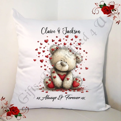 Personalised 18" White Cushion - Valentine's Day / Love - Bear & Hearts - Name - D.3