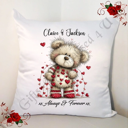 Personalised 18" White Cushion - Valentine's Day / Love - Bear & Hearts - Name - D.4