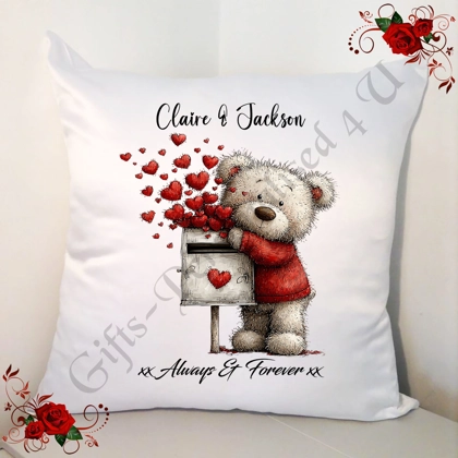 Personalised 18" White Cushion - Valentine's Day / Love - Bear & Hearts - Name - D.5