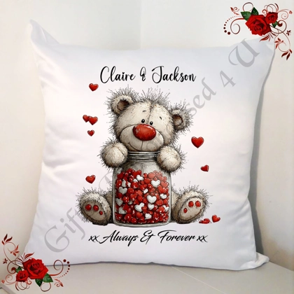 Personalised 18" White Cushion - Valentine's Day / Love - Bear & Hearts - Name - D.6