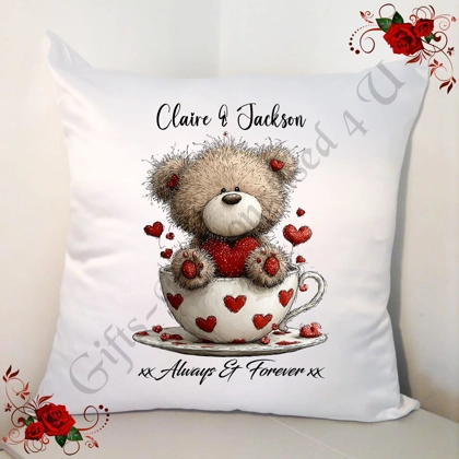 Personalised 18" White Cushion - Valentine's Day / Love - Bear & Hearts - Name - D.8