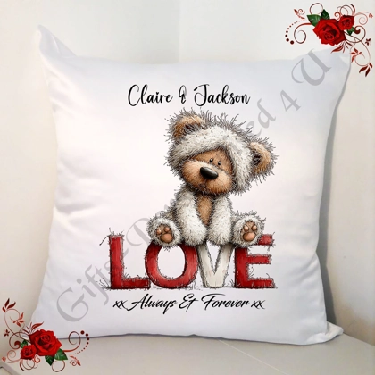 Personalised 18" White Cushion - Valentine's Day / Love - Bear & Hearts - Name - D.9