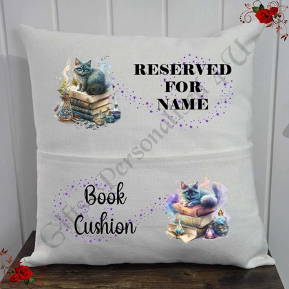 Personalised 16″ Pocket Cushion - Book Lovers - Cats - Name - D.3