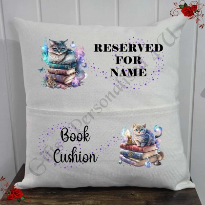 Personalised 16″ Pocket Cushion - Book Lovers - Cats - Name - D.4