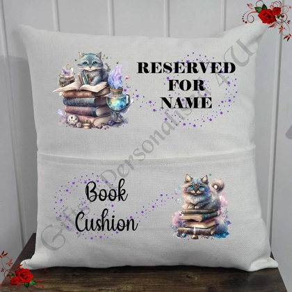 Personalised 16″ Pocket Cushion - Book Lovers - Cats - Name - D.5
