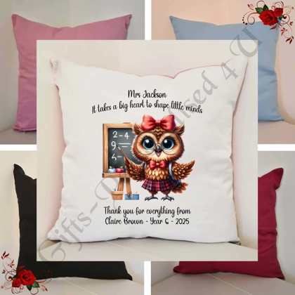 Personalised 16″ Cushion - Owl - Teacher Thank You Leaving Gift - D.3 Personalised 16″ Cushion - Owl - Teacher Thank You Leaving Gift - D.3