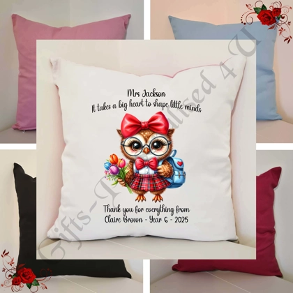 Personalised 16″ Cushion - Owl - Teacher Thank You Leaving Gift - D.4 Personalised 16″ Cushion - Owl - Teacher Thank You Leaving Gift - D.4