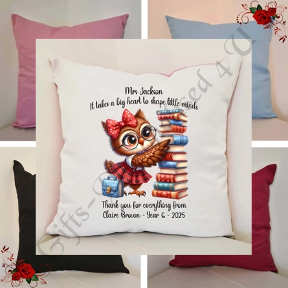 Personalised 16″ Cushion - Owl - Teacher Thank You Leaving Gift - D.6 Personalised 16″ Cushion - Owl - Teacher Thank You Leaving Gift - D.6