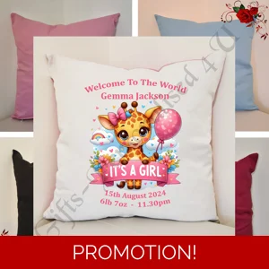 Personalised 16″ Cushion - New Born Baby Gift - Giraffe - Girl - D.2