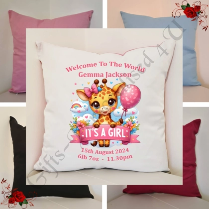 Personalised 16″ Cushion - New Born Baby Gift - Giraffe - Girl - D.2 Personalised 16″ Cushion - New Born Baby Gift - Giraffe - Girl - D.2