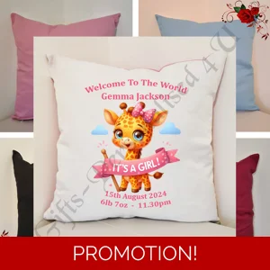 Personalised 16″ Cushion - New Born Baby Gift - Giraffe - Girl - D.3