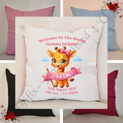 Personalised 16″ Cushion - New Born Baby Gift - Giraffe - Girl - D.3 Personalised 16″ Cushion - New Born Baby Gift - Giraffe - Girl - D.3