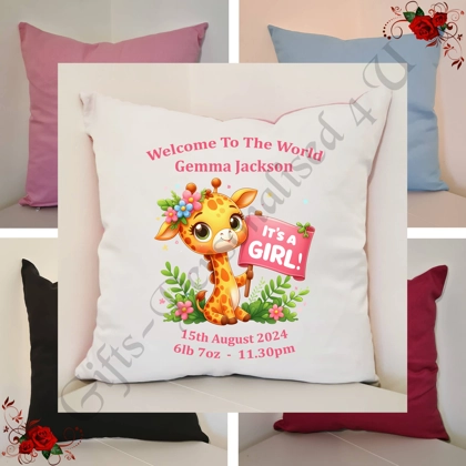 Personalised 16″ Cushion - New Born Baby Gift - Giraffe - Girl - D.4 Personalised 16″ Cushion - New Born Baby Gift - Giraffe - Girl - D.4