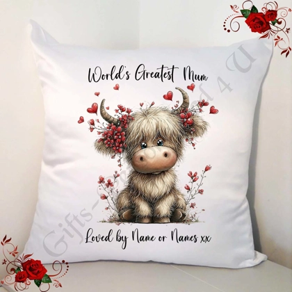 Personalised 18" Cushion - Mother's Day / Birthday - Highland Cow - Mum Nan Grandma etc - D.3