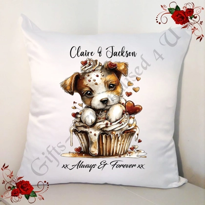 Personalised 18" White Cushion - Valentine's Day / Love - Dog & Hearts - Name - D.1