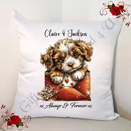 Personalised 18" White Cushion - Valentine's Day / Love - Dog & Hearts - Name - D.3