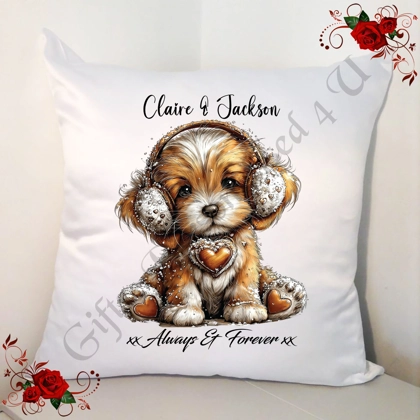 Personalised 18" White Cushion - Valentine's Day / Love - Dog & Hearts - Name - D.4