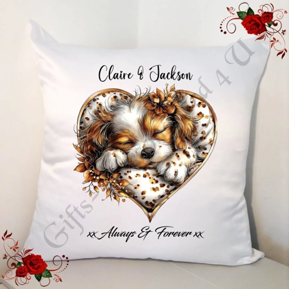 Personalised 18" White Cushion - Valentine's Day / Love - Dog & Hearts - Name - D.5