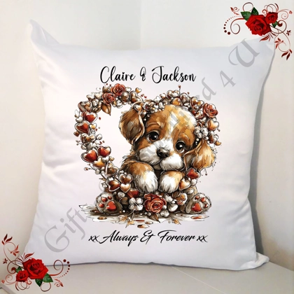 Personalised 18" White Cushion - Valentine's Day / Love - Dog & Hearts - Name - D.6